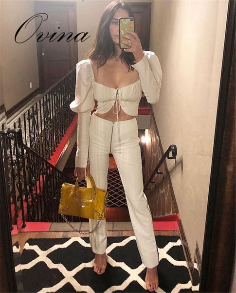 

white new celebrity long sleeve pullover lace up zip pants 2 pieces women's sets, Gray