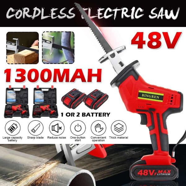 

48v rechargeable cordless reciprocating saw adjustable speed electric saw wood cutting tool kit with 1/2 li-ion battery eu plug
