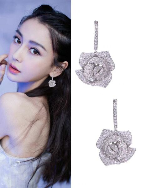 

925 серебряные иглы серьги rose роскошные высокого класса и супер-блестящие циркон-инкрустированы серьги, Silver
