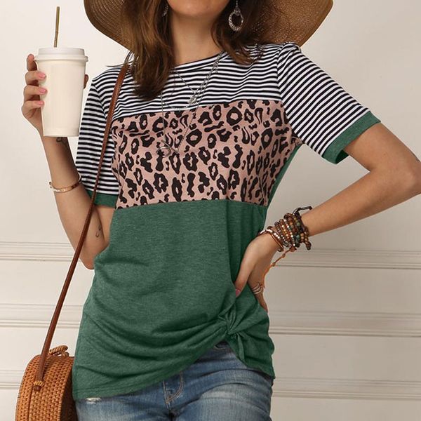 

leopard полосой t рубашка женщин напечатано пэчворк короткий рукав свободного покроя тройник рубашка топ летний отдых женщин футболка кошелк, White