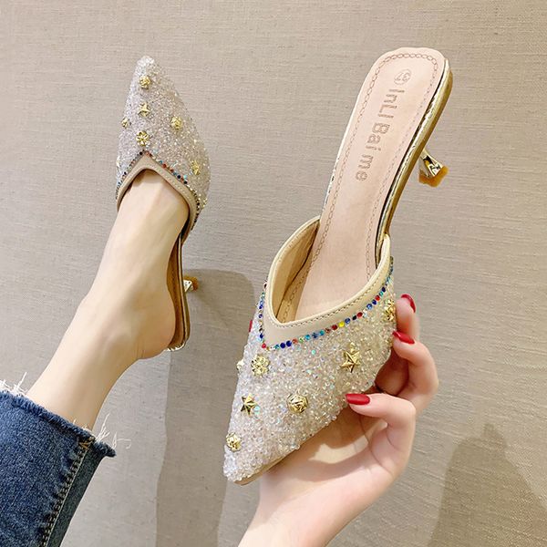 

shoes woman 2020 cover toe womens slippers outdoor pantofle lady med slides thin heels heeled mules rivet new girl, Black