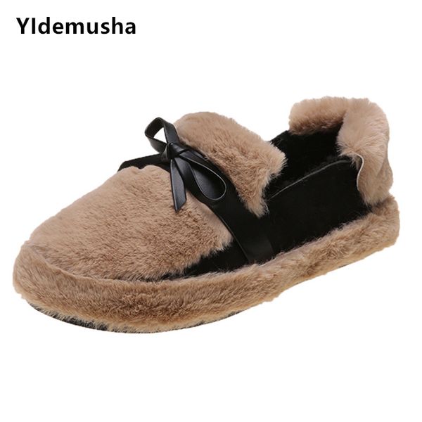 

yidemusha 2019 round toe fur new fashion warm winter women flats shoes bowknot comfortable ladies plush loafers zapatillas mujer, Black