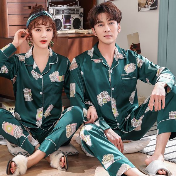 

пары шелковый атлас пижамы наборы для женщин весна осень с длинным рукавом печати пижамы мужчины loungewear домашняя одежда пижамы mujer оде, Blue;gray