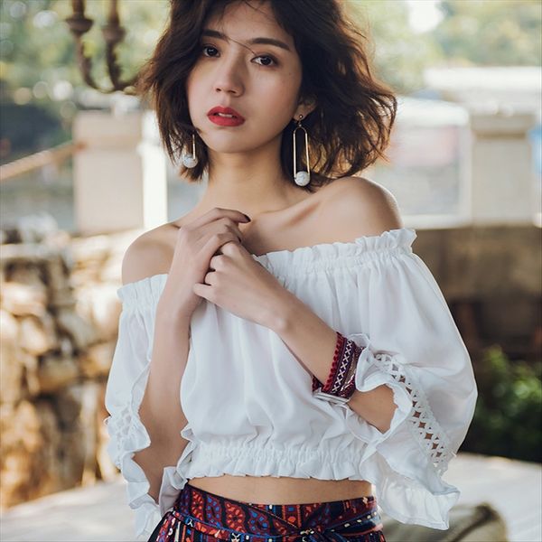 

short bare midriff sleeve off-shoulder women's summer seaside resort t-shirt external short bare midriff sleeve off-shoulder women&#039, White