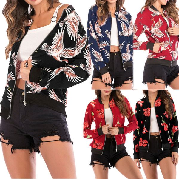 

new fashion jackets coat women's retro floral zipper bomber jacket clothes casual coat outwear 2019, Black;brown