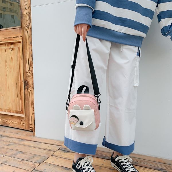 

women's bag 2020 campus single oxford cloth oxford cloth shoulder slant span simple cartoon cute student bag, White