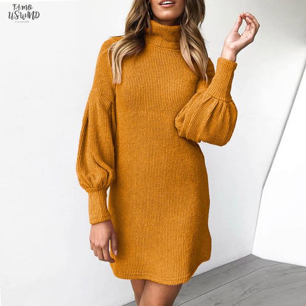 

lantern sleeve yellow sweater women dress 2020 winter warm turtleneck long sleeve knitted evening party dresses sukienka female vestidos, Black;gray