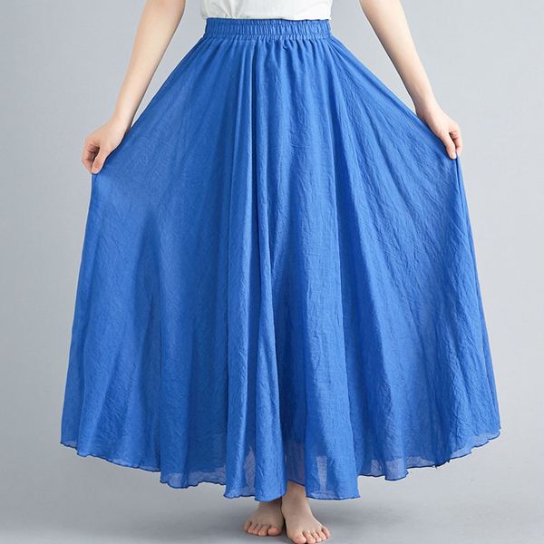 

elastic high waist cotton linen skirts women summer 2020 new pure color pleated maxi long skirt woman clothing fashionable, Black