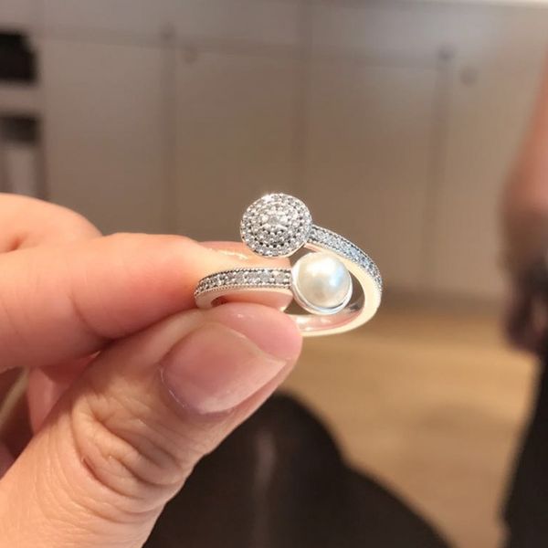 NOVO conjunto de anéis abertos de pérolas naturais caixa original para pandora 925 prata esterlina cz diamante elegante mulheres anéis de casamento