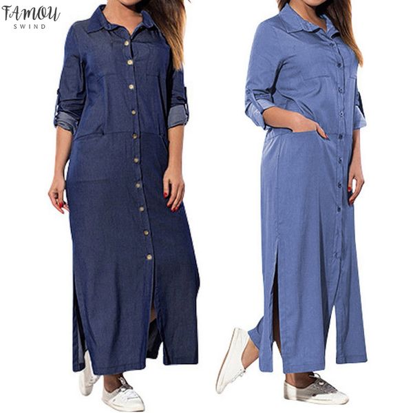 

women casual loose swing long dress long sleeve denim solid dresses women turn down colonial dresses denim dress, Black;gray