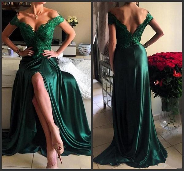 

off shoulder lace satin long evening dresses vestidos elegantes dark green split prom gowns robe soiree dubai, Black;red