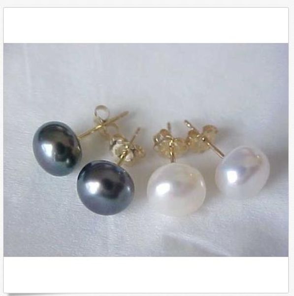 

wholesale 2 pairs 11-12mm tahitian white black pearl earring 14k gold, Golden;silver