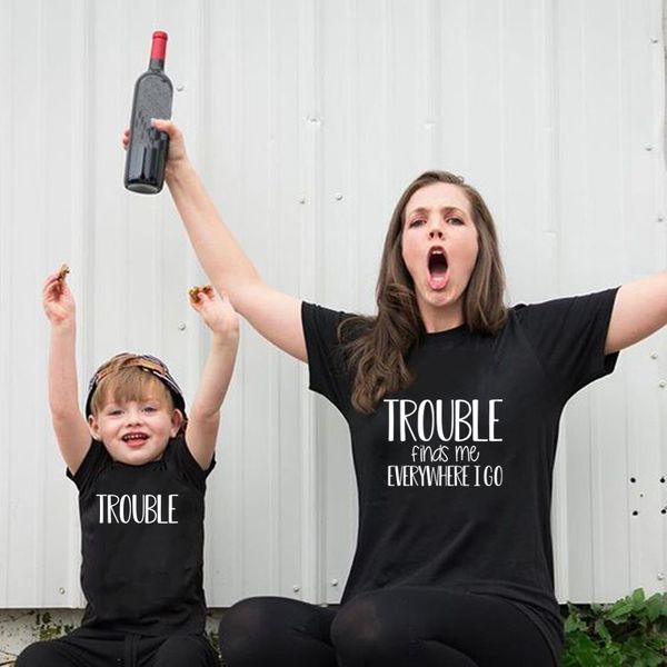 

1pcs mommy and me trouble matching shirts trouble finds me everywhere i go mom and baby kid match tees summer family look, Blue