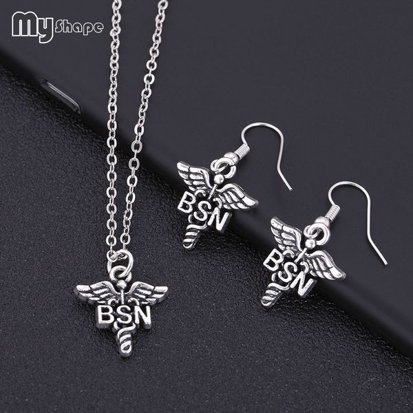 

myshape letter snake caduceus wing jewelry set antique silver plated vintage necklace earrings set gift for doctor nurse medical