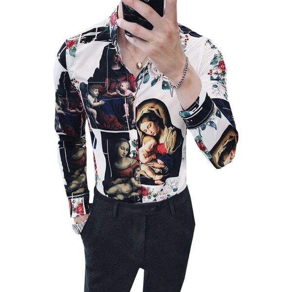 

social shirt male long sleeve fashion print party flower men shirt british style club casual blouse man slim white black
