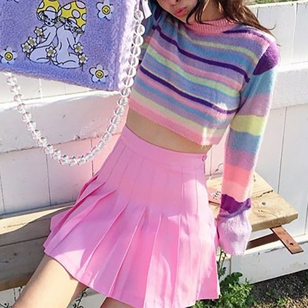 

new winter clothes women long-sleeved women's crop sweater fashion sweet striped print knit bottoming shirt, White;black