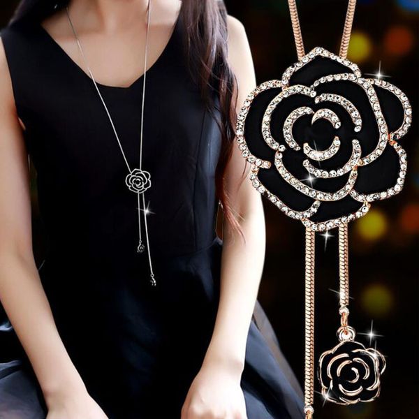 

циркон черная роза цветок длинное ожерелье свитер цепи мода металлическая цепь кристалл цветок кулон ожерелья отрегулированные ювелирные изд, Silver