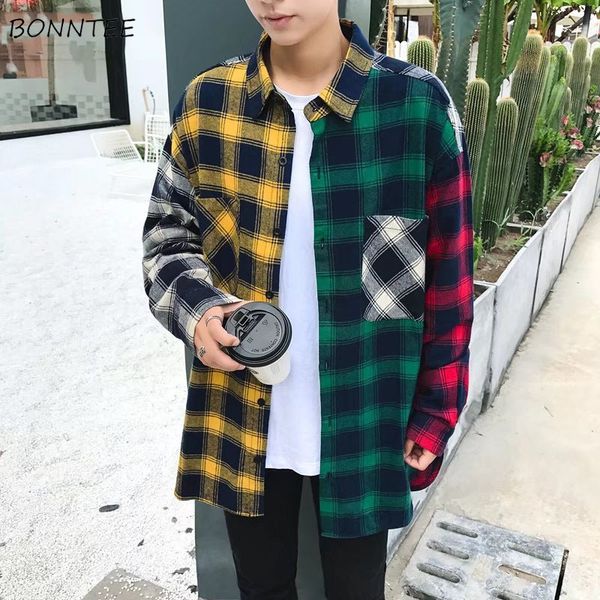 

shirts men plaid retro simple all-match korean style leisure daily loose patchwork leisure shirt mens long sleeve pockets, White;black