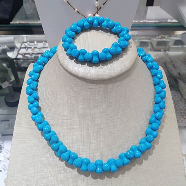 

jyx 12.5x8.5mm bone-shape blue turquoise necklace bracelet set, Silver