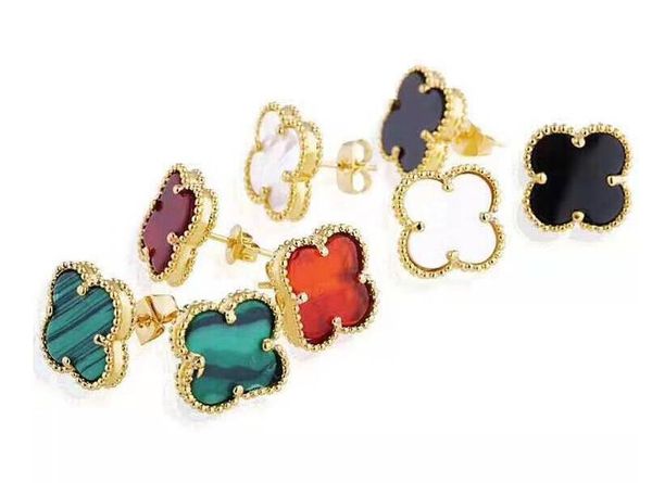 

горячая дизайнерская нержавеющая сталь натуральный черный белый шелл агат четырехлистный цветок одно ухо шпильки 18k золото серьги стержня д, Golden;silver