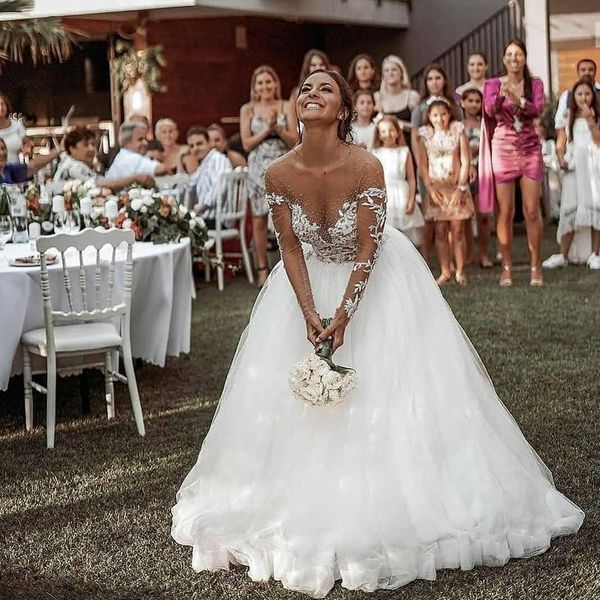 Arabische Aso Ebi Sexy Spitze Perlen Brautkleider Sheer Neck Long Sleeves Brautkleider Günstige Hochzeit Brautkleider plus Größe
