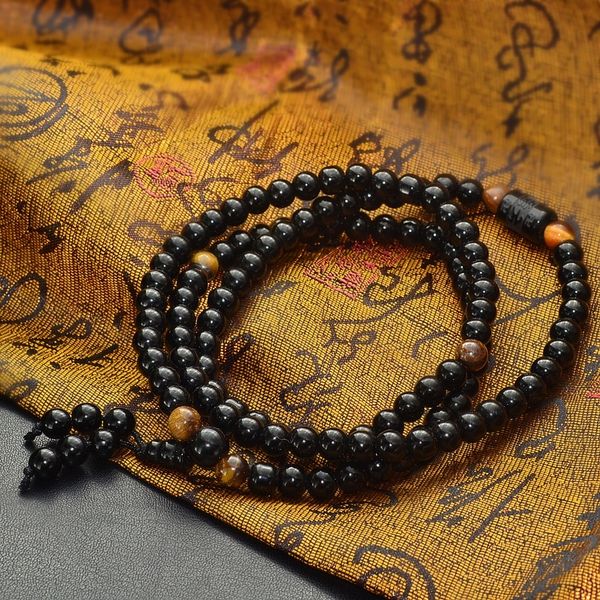 

handmade trendy fashion jewelry accessories buddhism natural stone black obsidian buddha multi-layer bracelet women men gift 6mm, Golden;silver