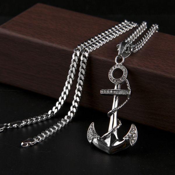 

fashional stainless steel bling diamond gold & silver navy anchor cross pendant necklace hip hop raper jewelry gifts for men women for sale