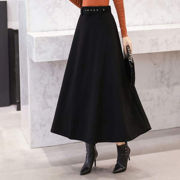 

2020 winter women's wool skirts with belt solid color vintage woolen skirt female streetwear long 4 color da102, Black