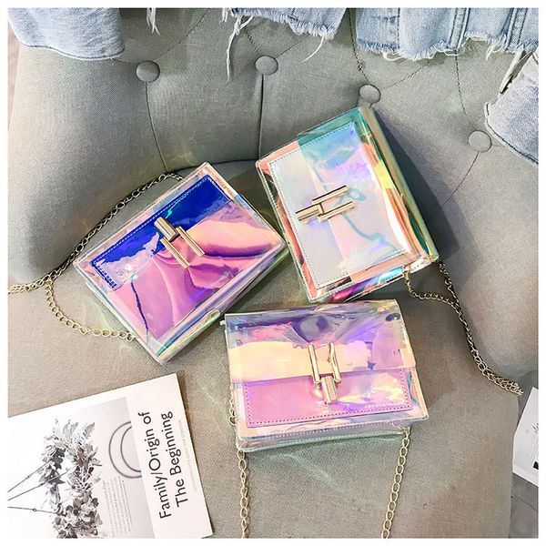 

2019 new style pvc jelly crossbody bag transparent candy color women fashion handbag laser shoulder bags sac transparent femme