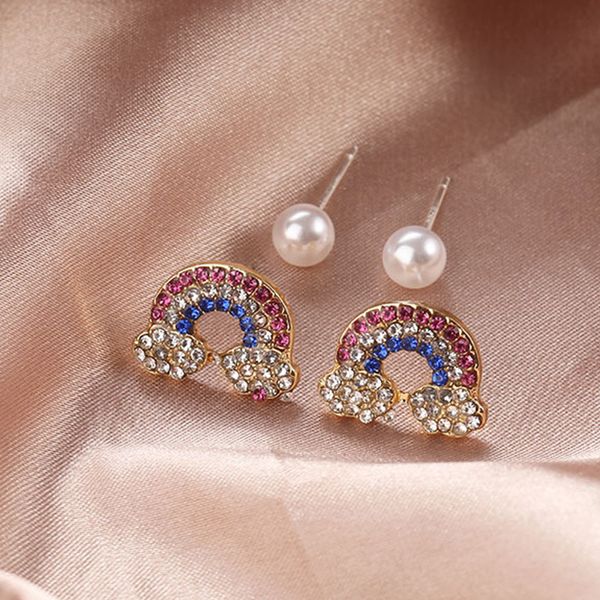 

crystal rainbow stud earrings round pearls earrings for women girls fashion party jewelry brincos, Golden;silver