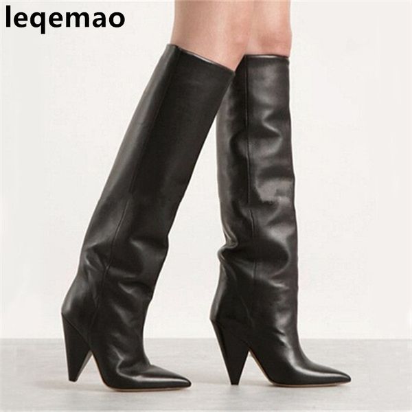

new fashion slip on women black smooth genuine leather knee high booties pointed toe botas spike heels boots woman shoes 35-40