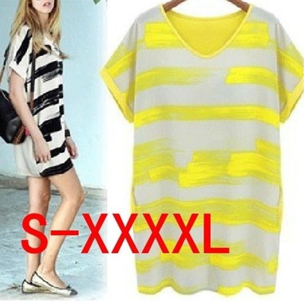 T-shirt de manga curta das mulheres Plus Size Patchwork Oversized listras pintadas soltas Mini T-shirt vestido maternidade S-4XL vestindo amarelo preto rosa vermelha