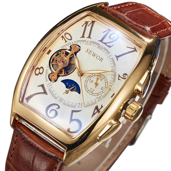 

luxury automatic watches men moon phase skeleton retro hand winding wristwatch male gold case male clock leather watches relogio, Slivery;brown
