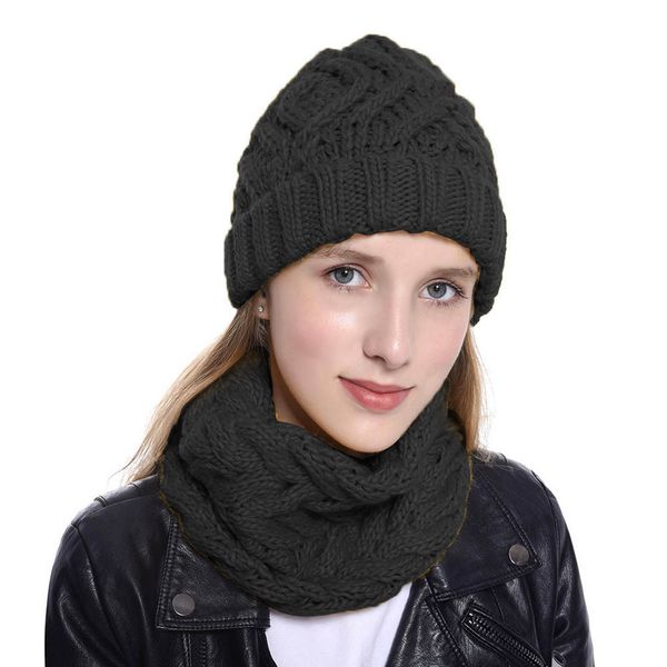 

women two pieces pure color knitted cap keep warm neckerchief winter hat winter accessories hat and scarf girls gift knitted, Blue;gray
