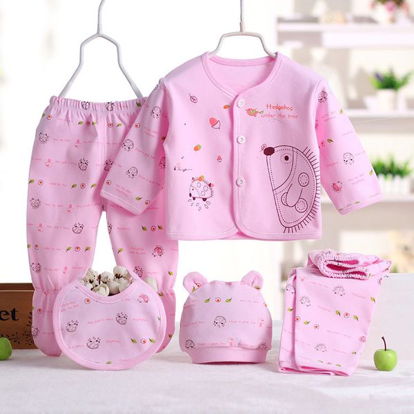 

baby set newborn 0-3 months clothes 5pcs boy girl cartoon long sleeve +hat+pants +bib baby girl clothes pajamas sets a40, White