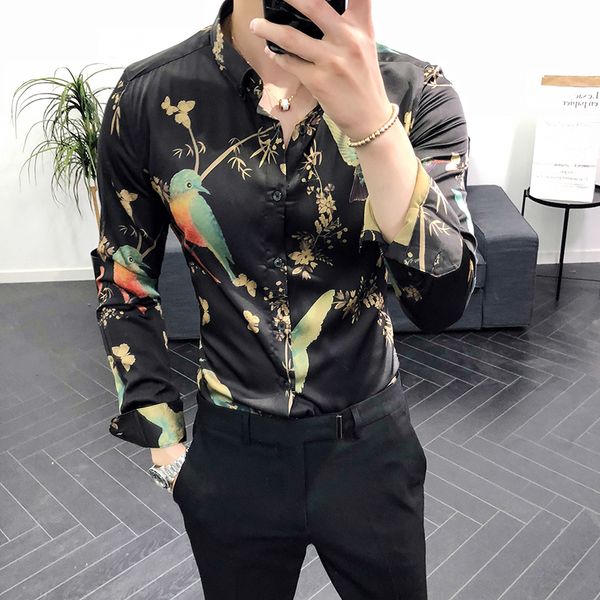 

british style new trendy shirt men bird printed long sleeve casual shirts male blouse man stretch dress slim fit shirt men, White;black