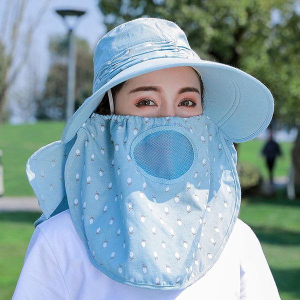 

2020 fashion women foldable sun hat wide brim sun face neck omnibearing uv protection summer fishing fisherman beach hat, Blue;gray