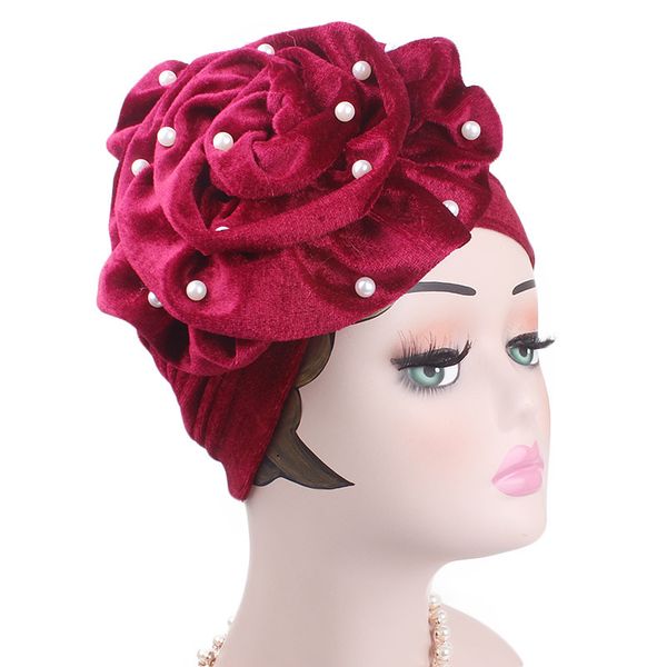 

sale pearls beaded flower velvet turban headwear women bonnet muslim turbante hijab cap hair accessories