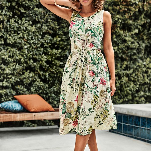 

cupshe elegant o neck women summer mid dress 2019 beach tropical leaves print vestidos belted sleeveless sundress, Black;gray