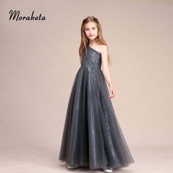 

shiny sequined long girls dresses for wedding party 2019 new a-line floor-length one shoulder gray junior bridesmaid dresses, Red;yellow