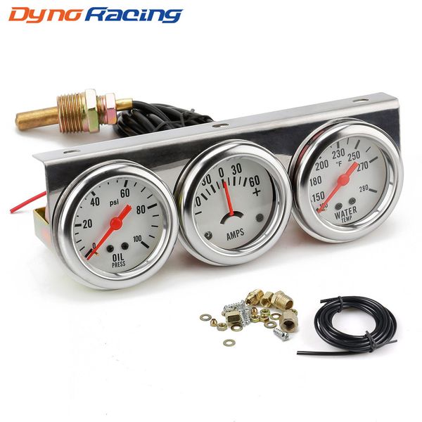 

2inch chrome panel oil pressure gauge water temp gauge amp meter triple gauge kit set white face car meter yc101323