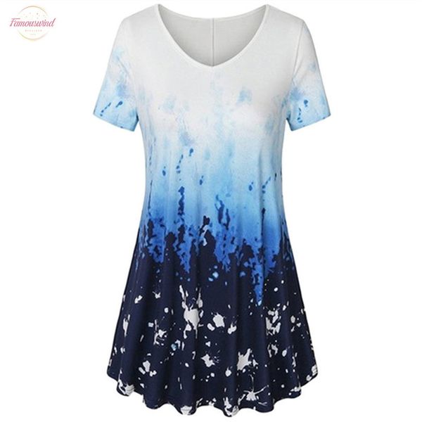 

women shirts v neck short sleeve a line curved hem tie dye tunic blouse fashion comfortable women shirts, White