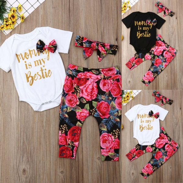 

lovely infant baby girl short sleeve letter print romper jumpsuit front bowknot playsuit+floral pants+headwear outfits clothes, White