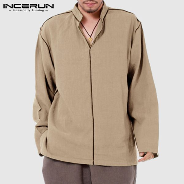 

incerun vintage casual men shirts solid color long sleeve cotton 2019 stand collar chinese style shirts men camisa masculina 3xl, White;black