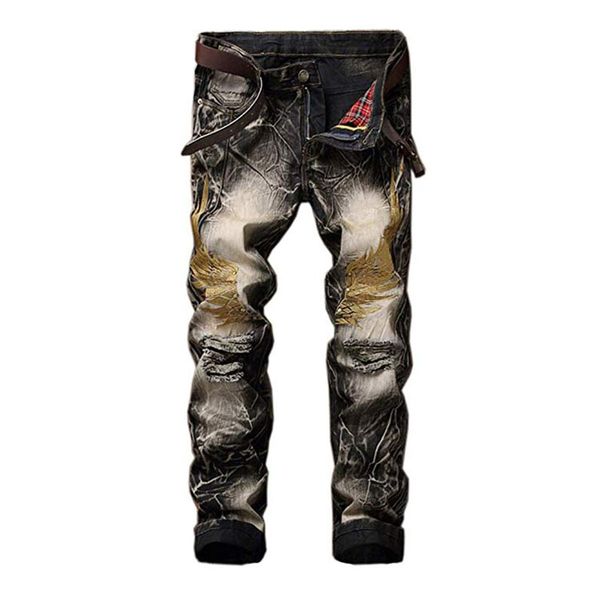 

hemiks 3d embroidery wing men's ripped jeans slim fit tapered leg pants motorcycle style fashion biker straight skinny trousers, Blue