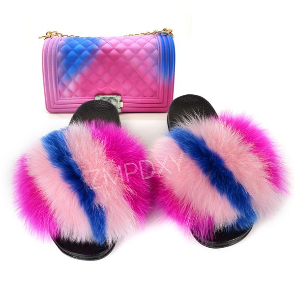 

women fur slides summer new flat flip-flops mixed-color jelly purses set dropshipping hand bags fashion fluffy sandals, Black