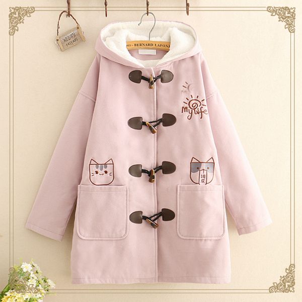

winter cat embroidery women hooded coat woolen fleece casual long sleeve warm flocking horn button jacket coats t628, Black