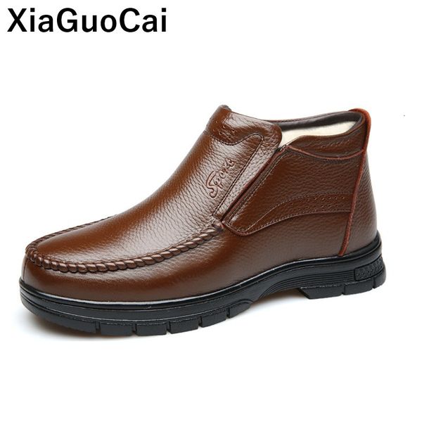 

winter warm men shoes high man ankle snow boots with fur british genuine leather slip-on male footwear, Black