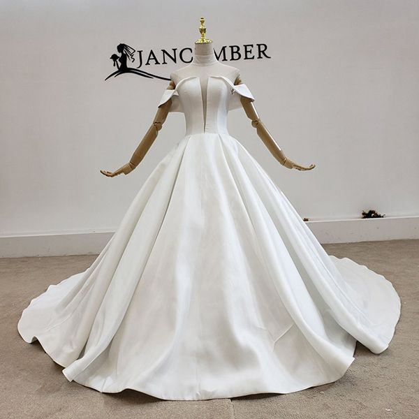 

2020 лето новые свадебные платья свадебные платья бато шеи блокированного иллюзия с длинным рукавом узелок назад атласная длинные поезд прос, White