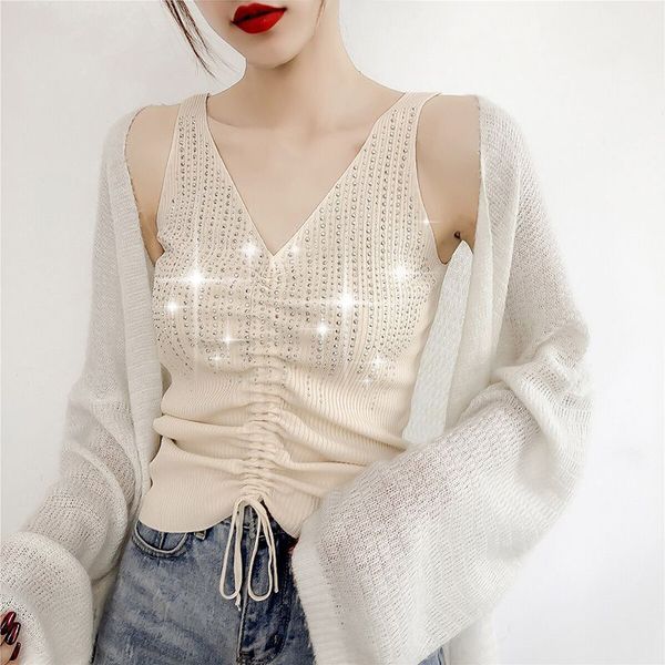 

camiso women summer casual versatile slim v-neck sparkling ice silk knitted sequined bottoming camisole, White